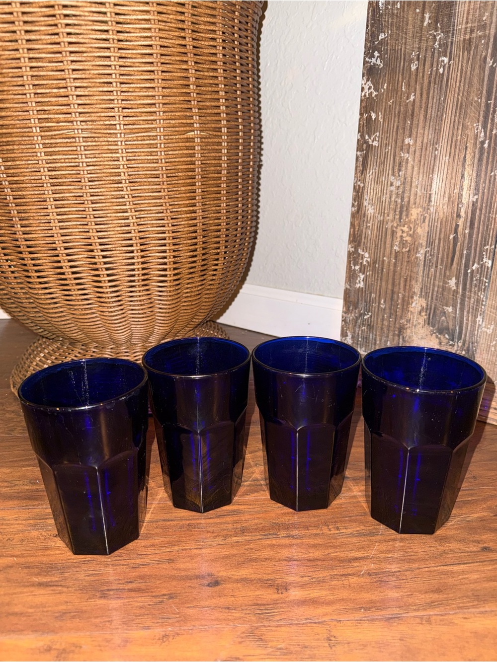(4)VTG. Libbey Glass Cobalt Blue Gibraltar Flat Tumbler 5 1/8" Tall- 14oz Glass